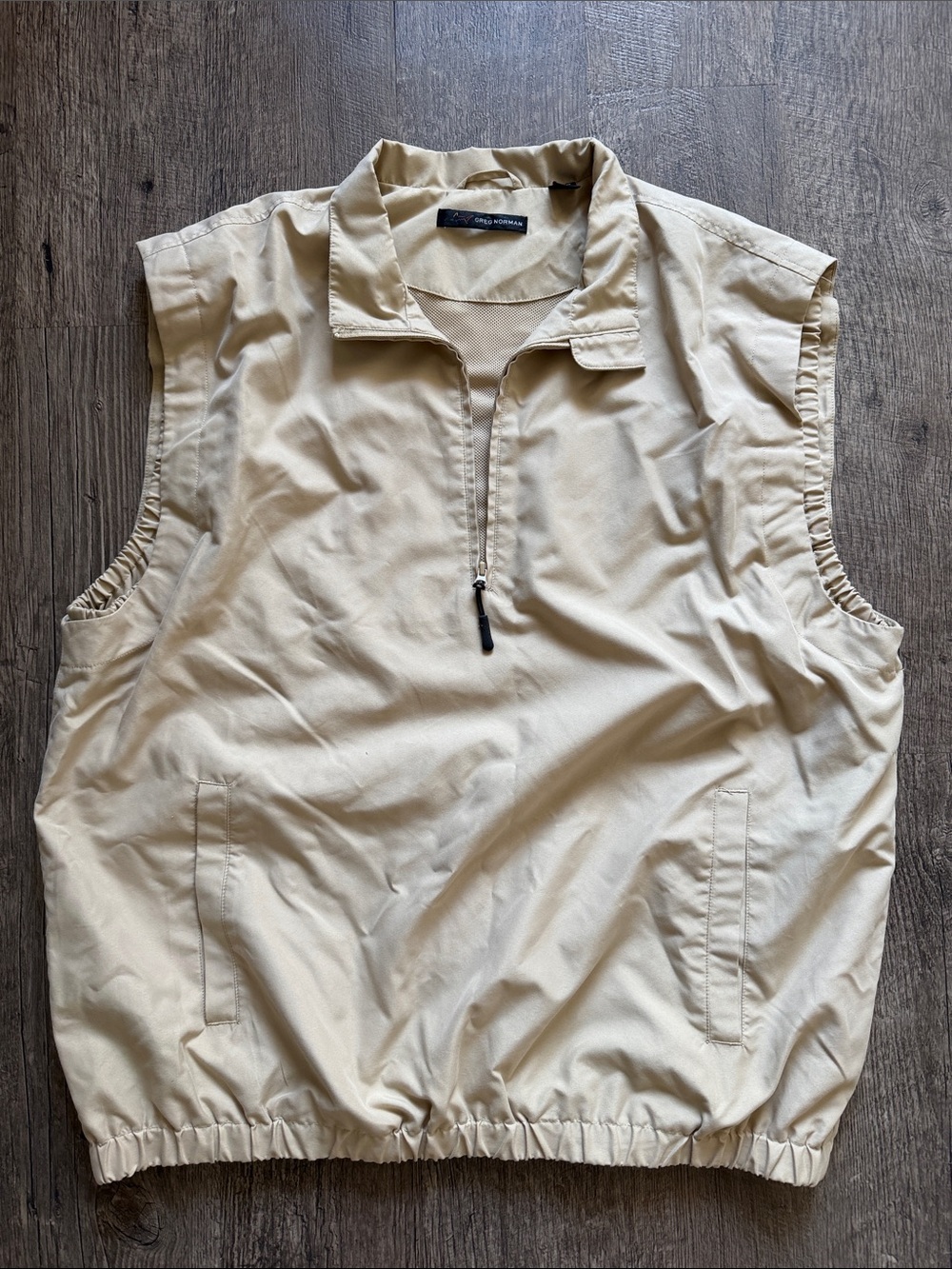 Greg Norman Lightweight Vest Pullover Jacket Windbreaker LARGE Tan 1/3 Zip